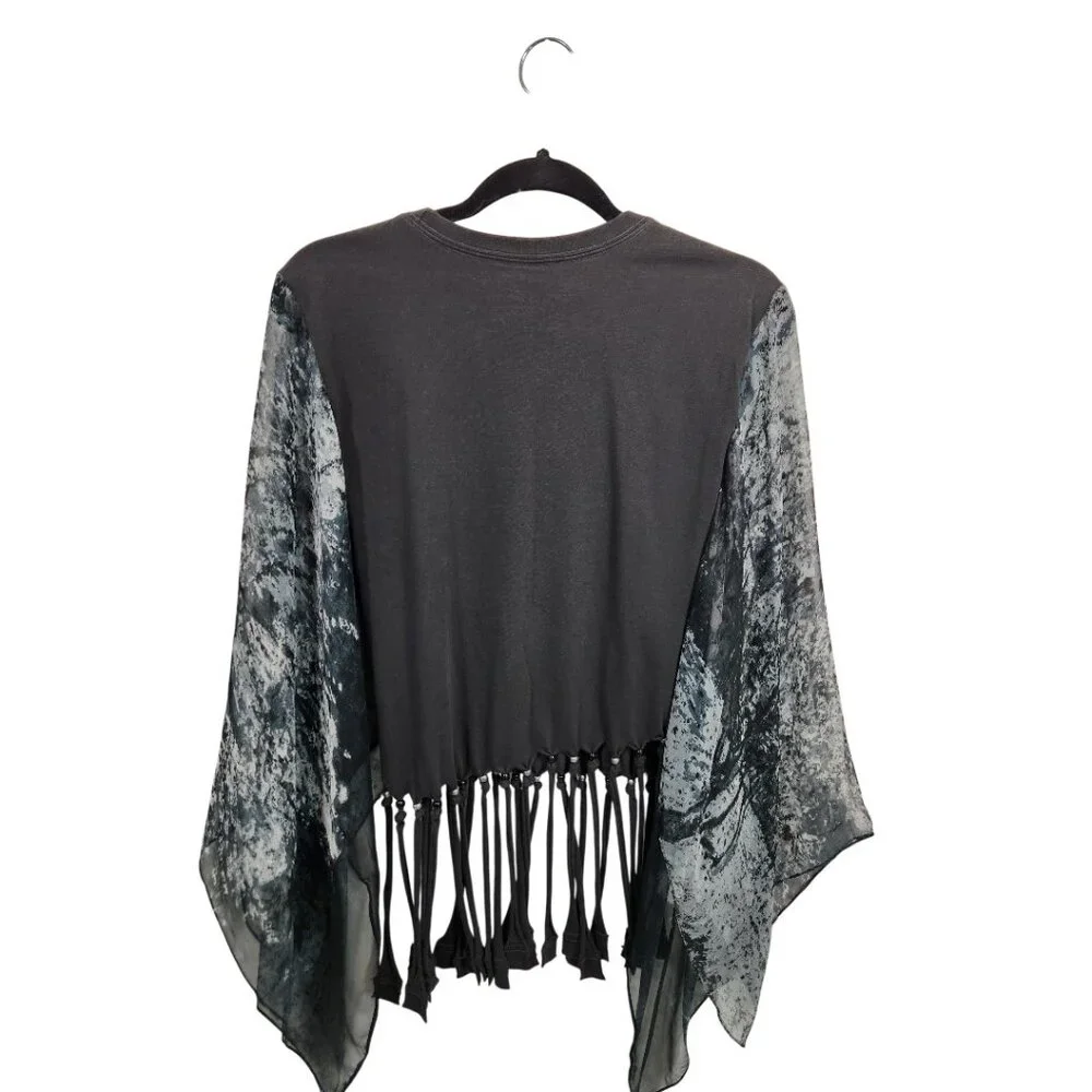 Upcycled T Shirt Poncho Handknotted Beaded Fringe M Life is Good Black